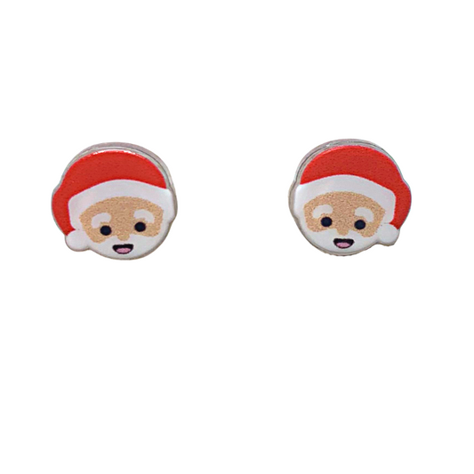 acrylic white santa studs smiling santa face with white skin white beard and red santa hat stud earrings