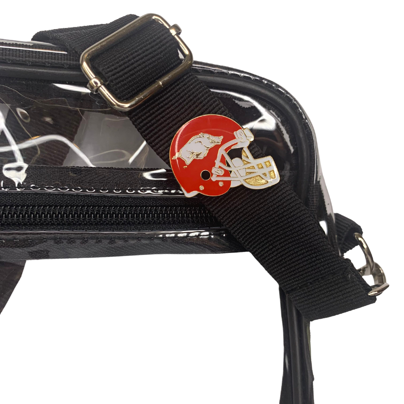 red razorback enamel lapel pin arkansas on clear stadium bag strap
