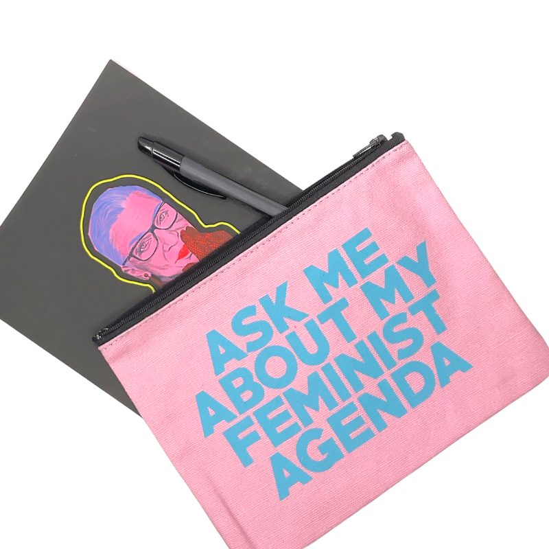 ask me about my feminist agenda zipper pouch in pink and blue with RBG book and pen