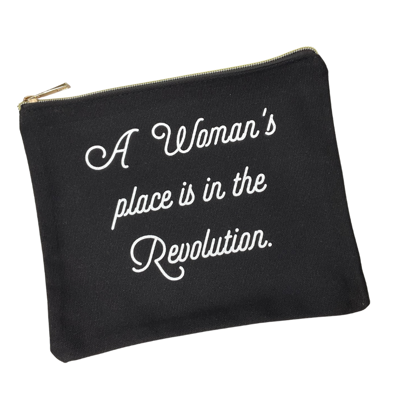 a woman's place is in the revolution black and white zipper pouch makes a great makeup bag or bag for purse organization carry on and travel