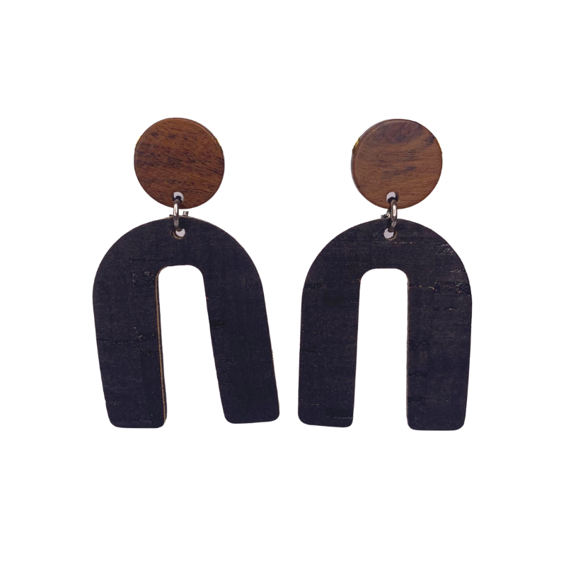 black arch earrings made of cork faux leather and wood