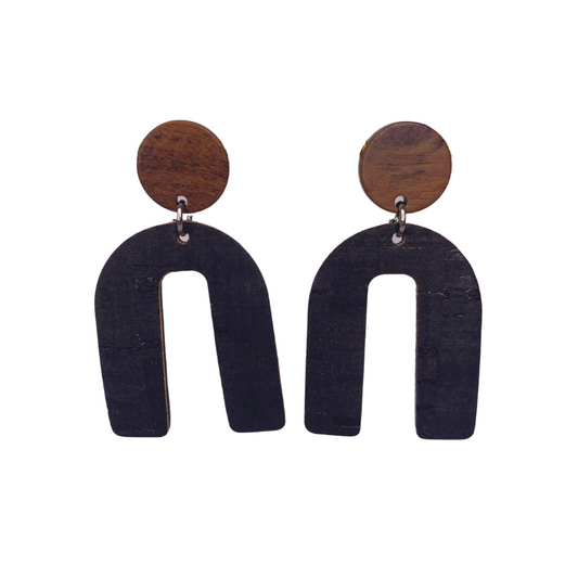 black arch earrings made of cork faux leather and wood