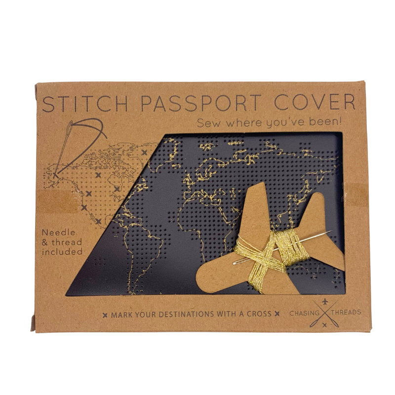 black leather passport cover stitch where you have been customizeable with gold thread and needle