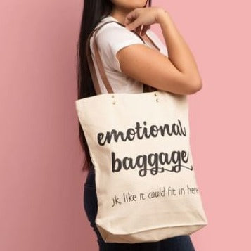 Emotional baggage canvas tote bag on model