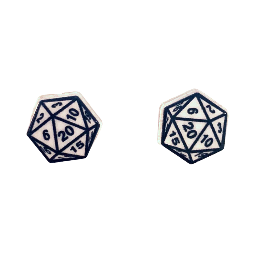 dungeons and dragons dice stud earrings  DND D&D dice earrings white dice with black numbers D20 dice