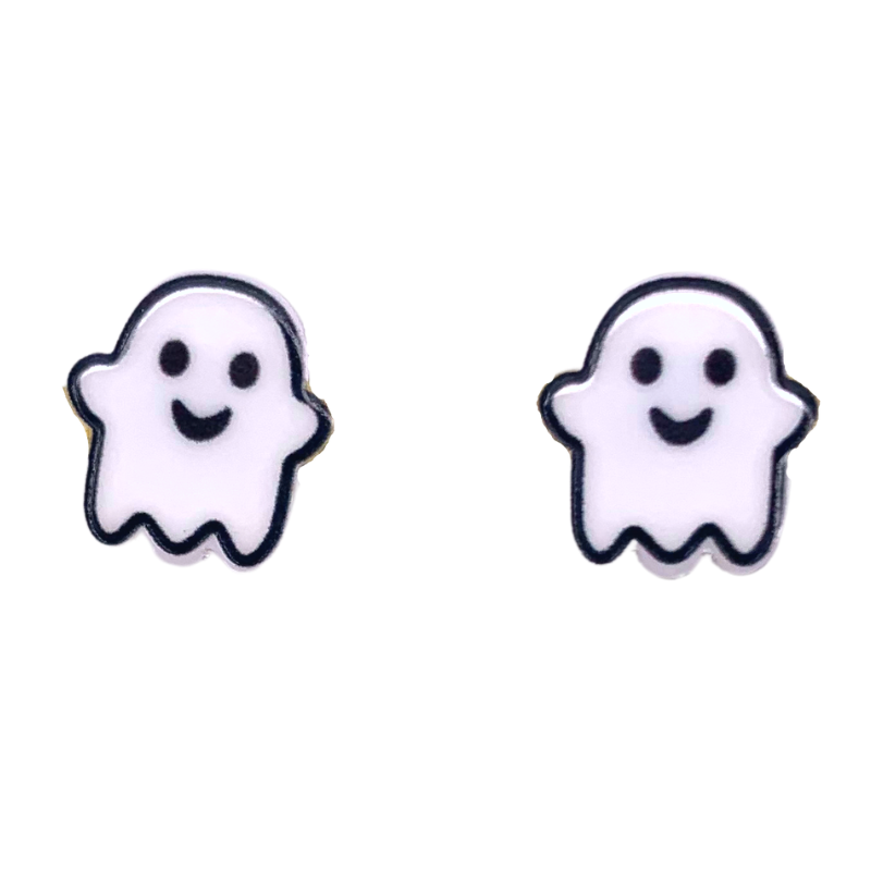friendly ghost stud earrings a white ghost with a smile white and black studs halloween