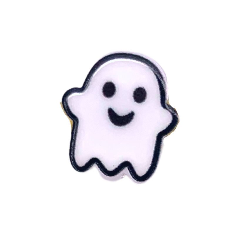 friendly ghost stud earrings a white ghost with a smile white and black studs halloween close up