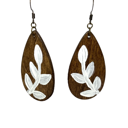 handmade handpainted wooden teardrop earrings with botanical print