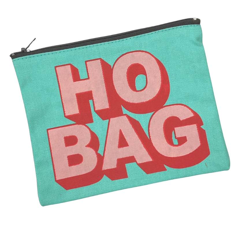 ho bag zipper pouch bright teal canvas zipper pouch with HO BAG design on the front in pink and red