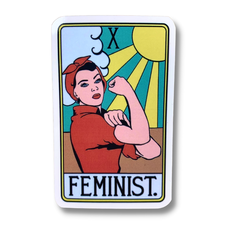 image of a woman that resembles rosie the riveter dressed in red on a tarot card that says FEMINIST premium quality vinyl sticker decal