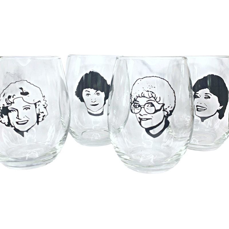 large 21 oz dishwasher safe wine glasses with a black image of all of the Golden Girls on each one Dorothy Blanche Rose and Sophia