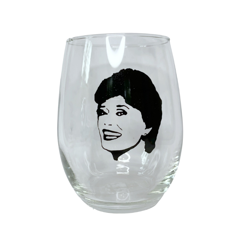 large 21 oz dishwasher safe wine glass with a black image of Blanche from the Golden Girls Rue McClanahan
