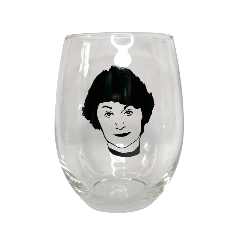 large 21 oz dishwasher safe wine glass with a black image of Dorothy from the Golden Girls Bea Arthur