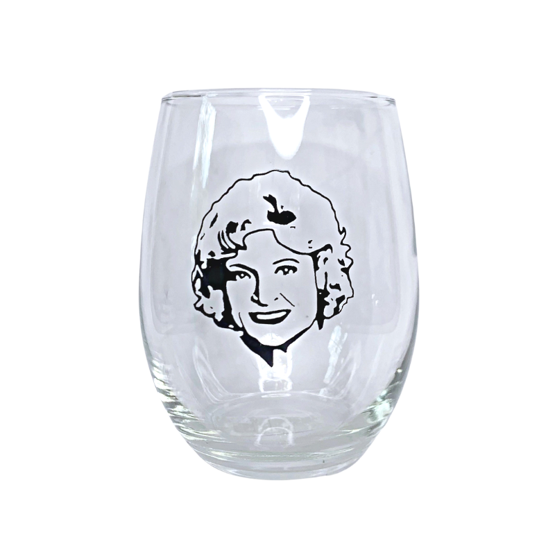 large 21 oz dishwasher safe wine glass with a black image of Rose from the Golden Girls Betty White