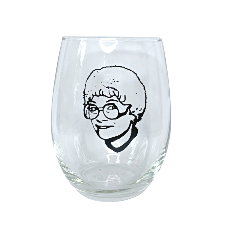 large 21 oz dishwasher safe wine glass with a black image of Sophia from the Golden Girls Estelle Getty
