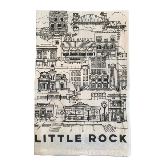 little rock arkansas cotton tea towel with art print of city landmarks and attractions