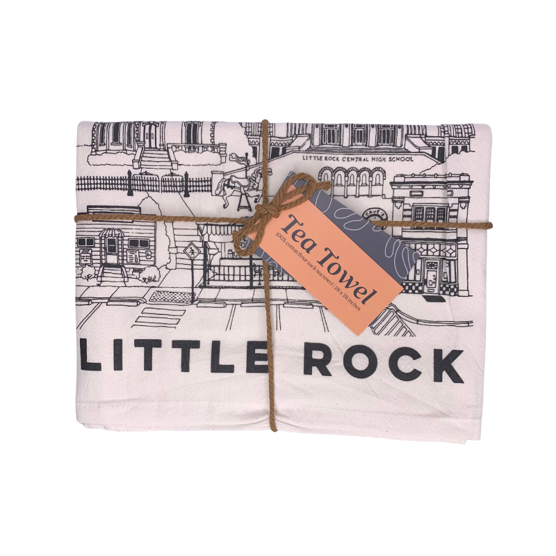 little rock arkansas cotton tea towel with art print of city landmarks and attractions tied in twine with tag