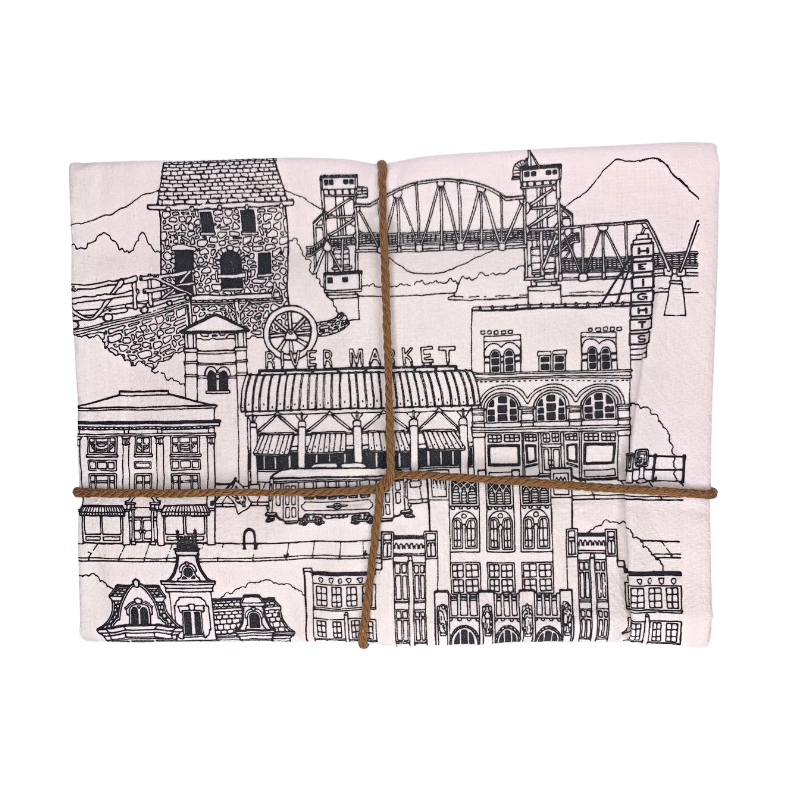 little rock arkansas cotton tea towel with art print of city landmarks and attractions tied in twine