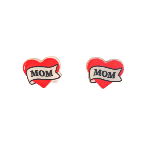 mom tattoo stud earrings red hearts with a ribbon across that says mom reminiscent of tattoos