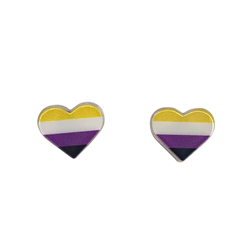 non binary pride colors heart stud earrings yellow white purple and black stripes on hearts show your pride lgbtqia+ non-binary pride flag non binary pride