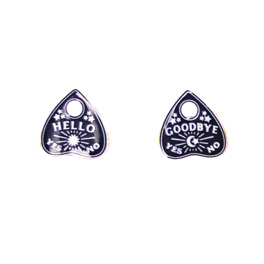 ouija board planchette stud earrings black and white planchettes one says hello the other says goodbye and they both say yes and no