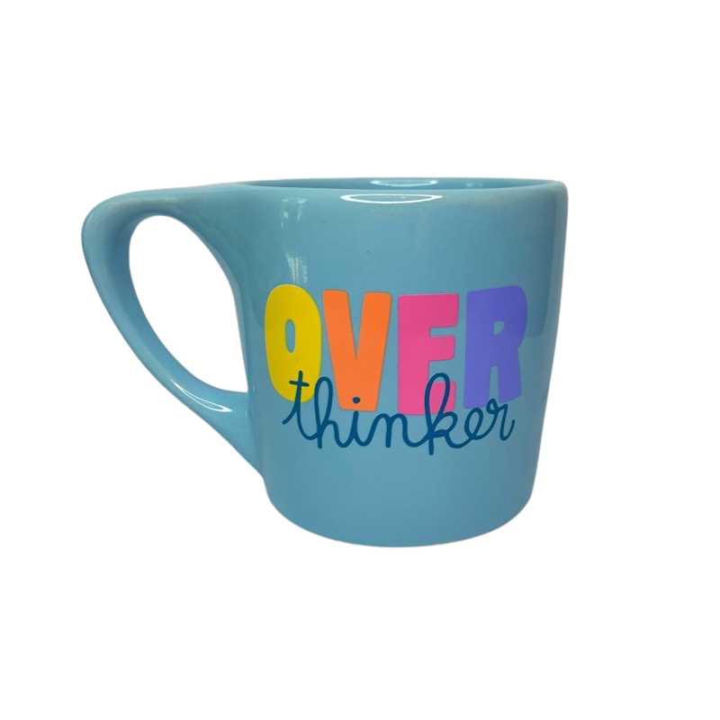over thinker coloful mug light blue ceramic mug with colorful and cute overthinker design on top