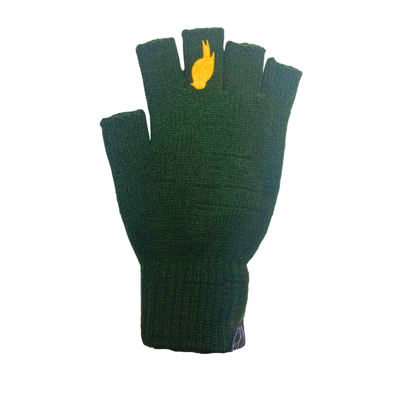 premium quality acrylic yard fingerless gloves that are cozy and warm with a colorful bird on the middle finger on each hand green and mustard