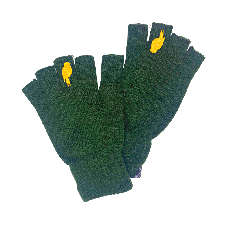 premium quality acrylic yard fingerless gloves that are cozy and warm with a colorful bird on the middle finger on each hand green and mustard both gloves shown