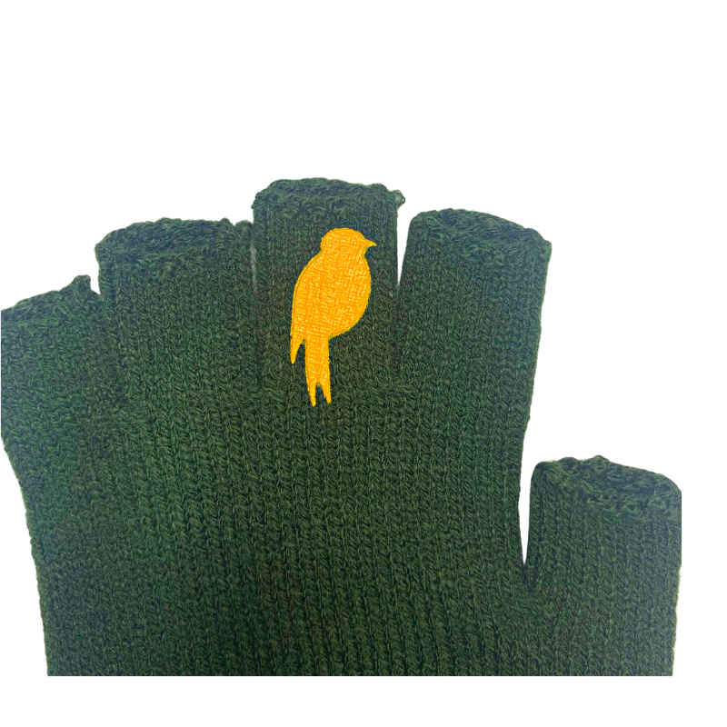 premium quality acrylic yard fingerless gloves that are cozy and warm with a colorful bird on the middle finger on each hand green and mustard close up of bird on middle digit