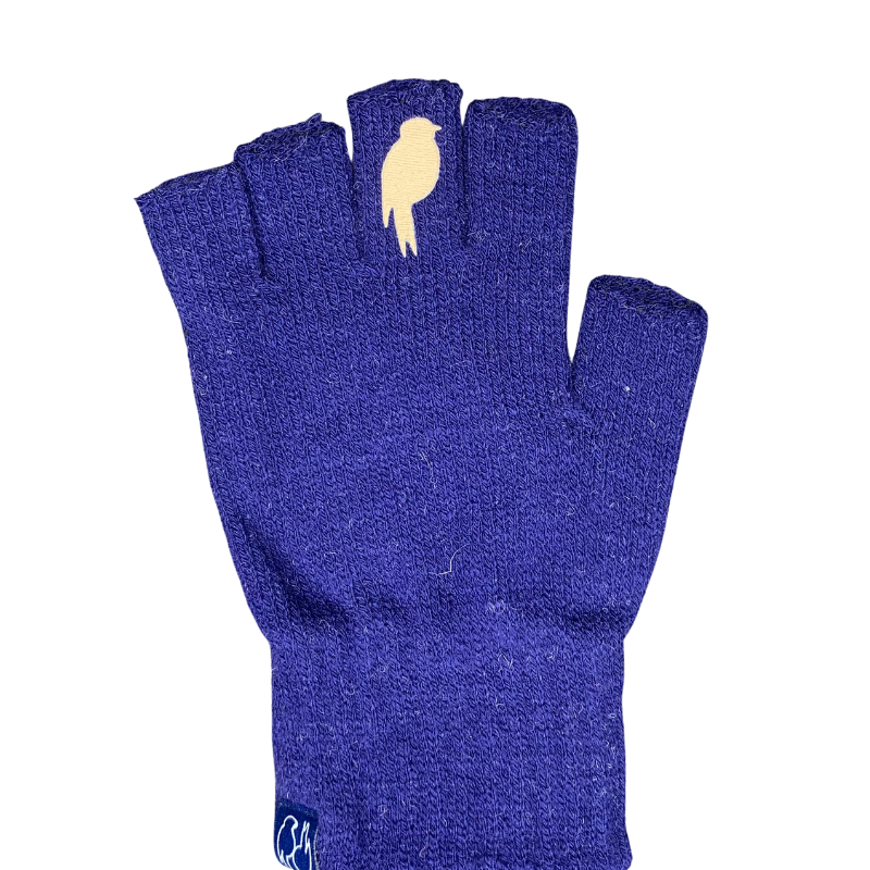premium quality acrylic yard fingerless gloves that are cozy and warm with a colorful bird on the middle finger on each hand navy and tan