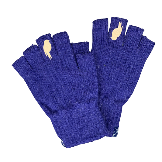 premium quality acrylic yard fingerless gloves that are cozy and warm with a colorful bird on the middle finger on each hand navy and tan both gloves shown