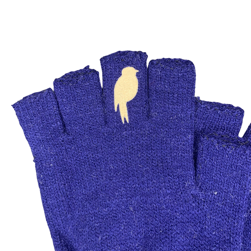 premium quality acrylic yard fingerless gloves that are cozy and warm with a colorful bird on the middle finger on each hand navy and tan close up