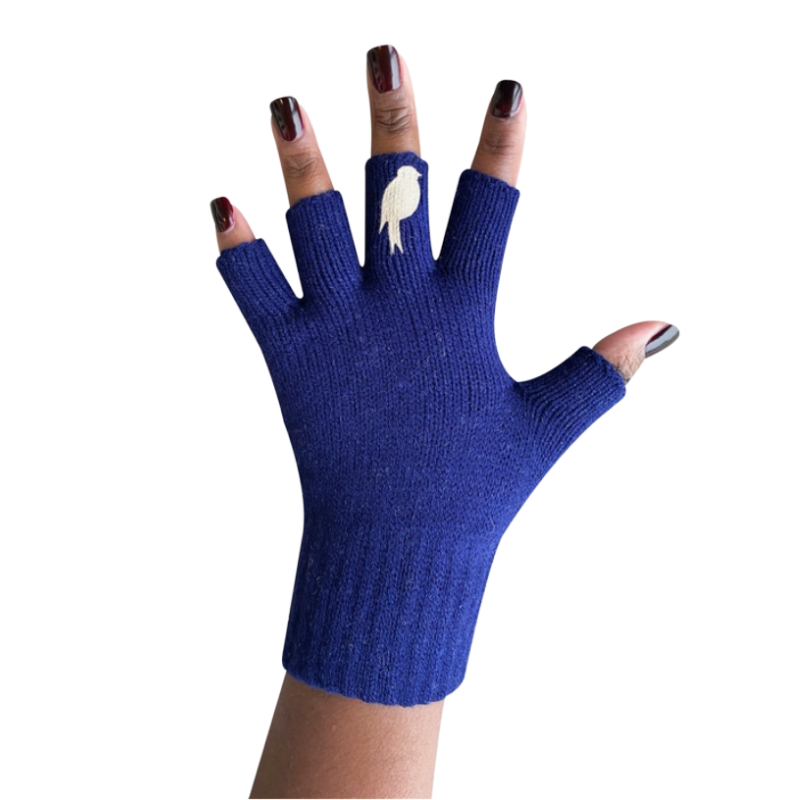 premium quality acrylic yard fingerless gloves that are cozy and warm with a colorful bird on the middle finger on each hand navy and tan shown on model