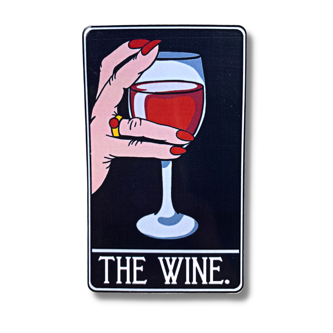 premium quality indoor outdoor vinyl sticker decal image of a hand with painted nails and a ring holding a glass of red wine on a tarot style card that says THE WINE at the bottom