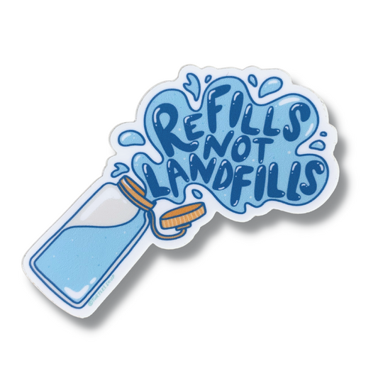 premium quality indoor outdoor vinyl sticker decal that says Refills not Landfills with an image of a reusable water bottle spilling water and the words are in the splashed water