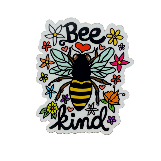 premium quality indoor outdoor vinyl sticker decal that says bee kind with a drawing of a bee with hearts and colorful flowers all around