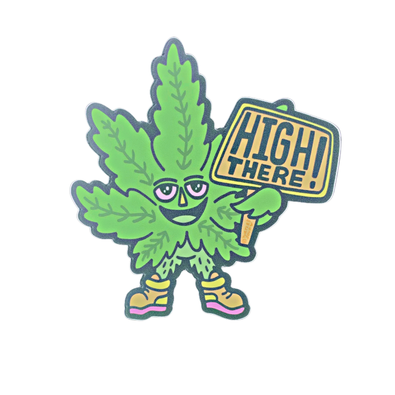 premium quality indoor outdoor vinyl sticker decal that says high there with a marijuana cannabis pot leaf smiling with pink eyes holding a sign and wearing sneakers