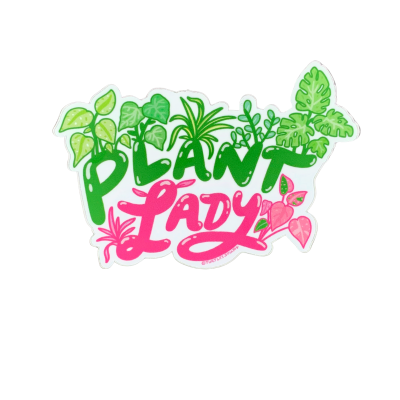 premium quality indoor outdoor vinyl sticker decal that says plant lady with plant in green with leaves and lady in pink 