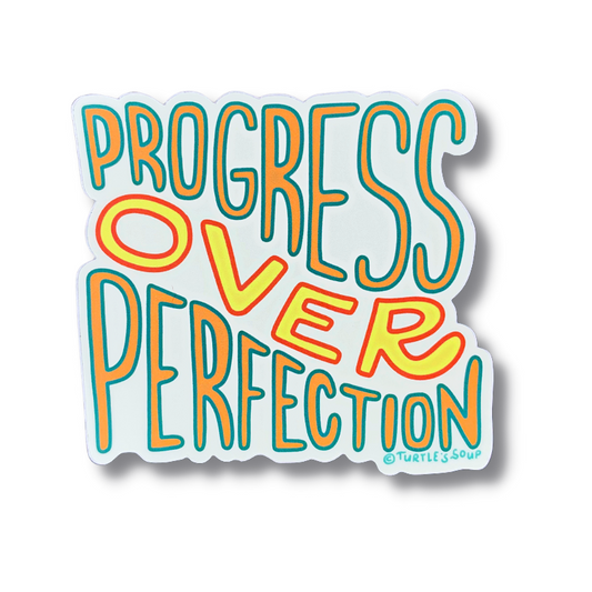 premium quality indoor outdoor vinyl sticker decal that says progress over perfection in orange teal yellow and pink