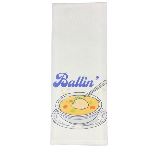 premium quality kitchen hand towel with sublimated design of matzo ball soup with the words ballin' above it jewish jew jews hannukah channukah