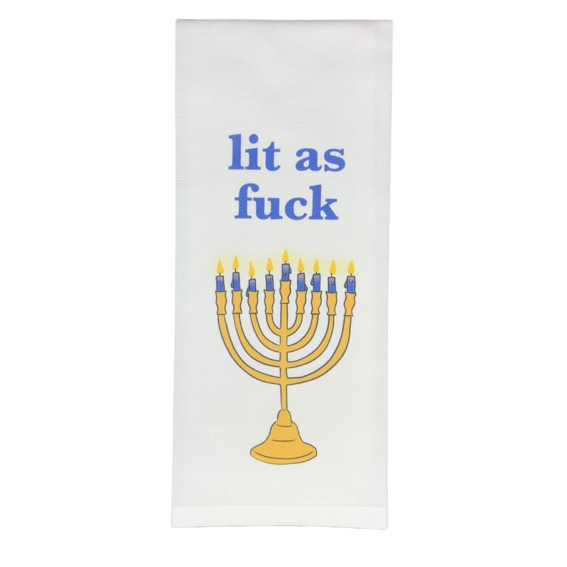 premium quality kitchen hand towel with sublimated design that has a lit menorah that is gold with the words lit as fuck above in blue jewish jews hanukkah chanukkah