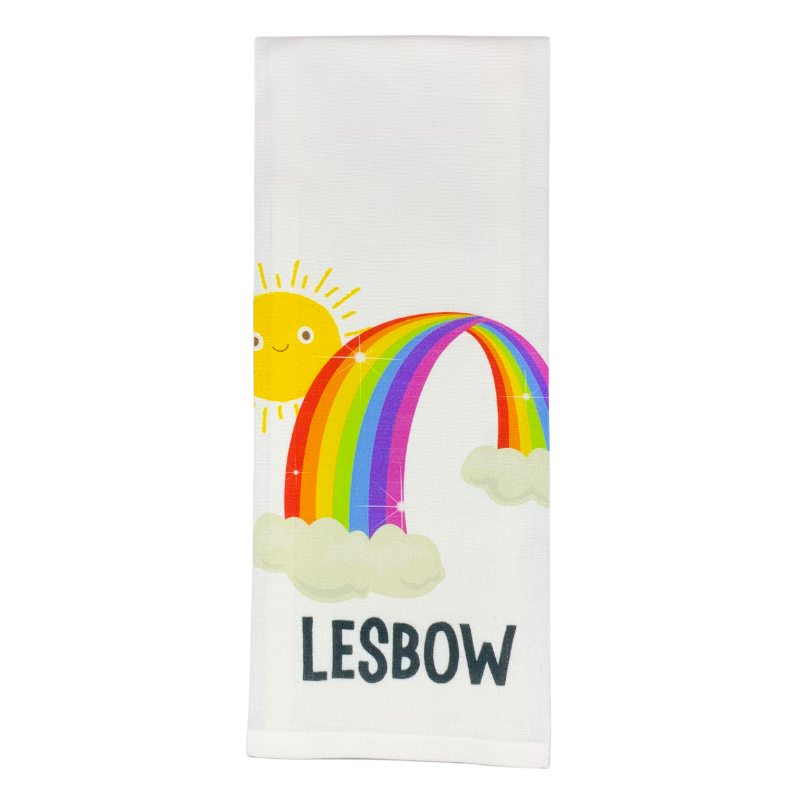 premium quality kitchen hand towel with sublimated design that has a rainbow with clouds and sun and says lesbow lesbian pride lgbtq
