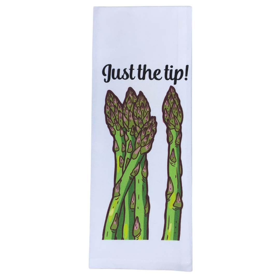 premium quality pre-shrunk hand kitchen towel that is white and says just the tip in black cursive with an image of asparagus spears below it