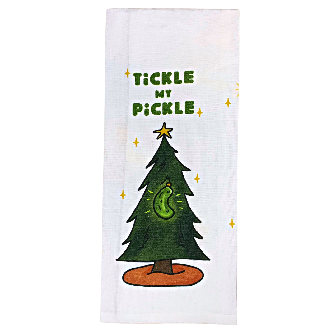 premium quality pre-shrunk holiday hand kitchen towel that is white and says tickle my pickle with the image of a green christmas tree with a pickle ornament on it