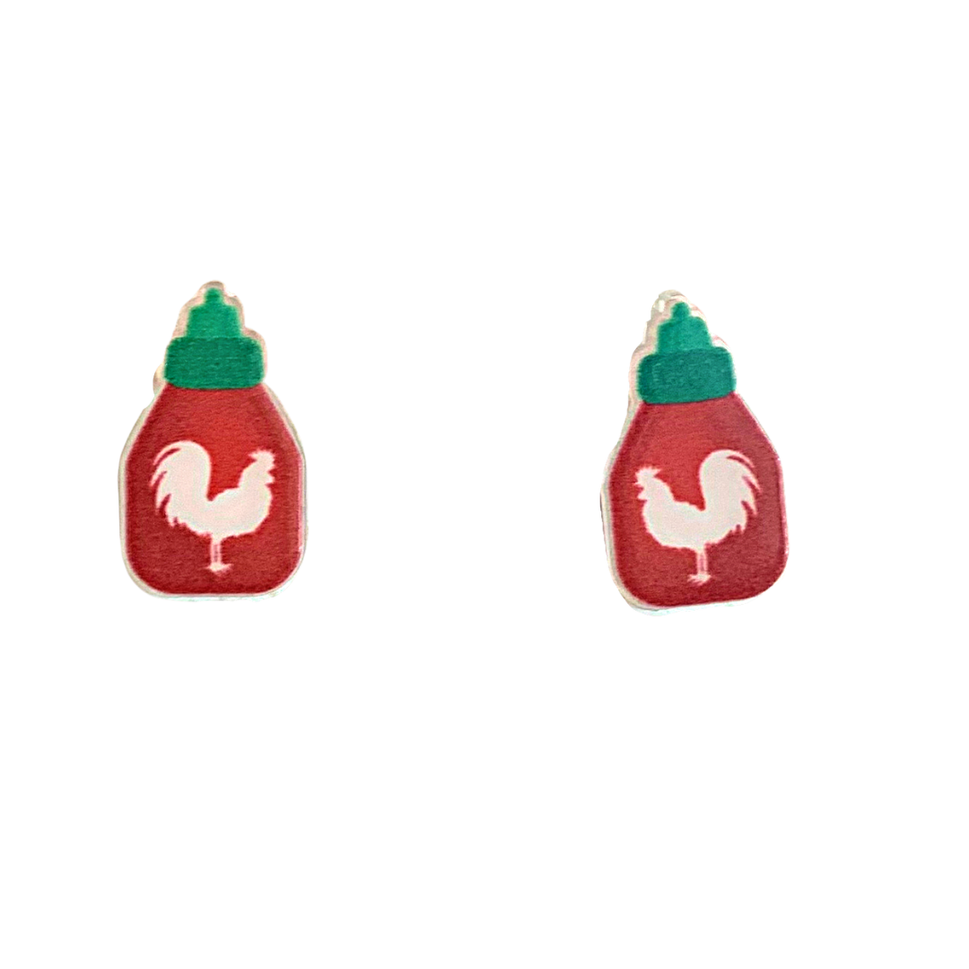 rooster sauce bottle studs sriracha siracha asian hot chile sauce bottles red liquid with green lids and a white rooster on front stud earrings