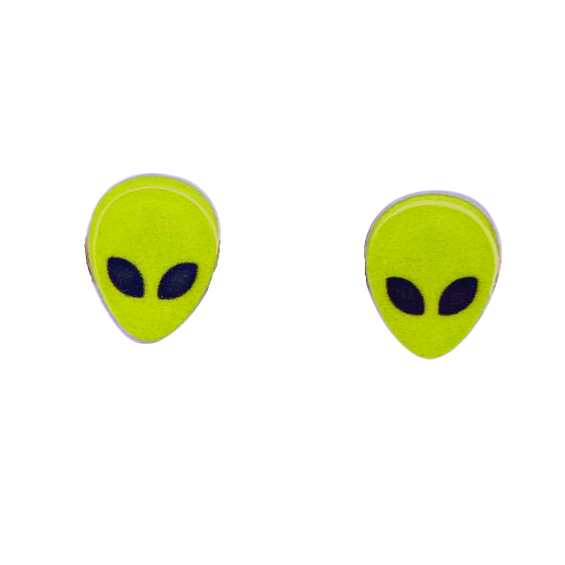 spooky alien stud earrings a lime green alien face with black almond shaped eyes halloween