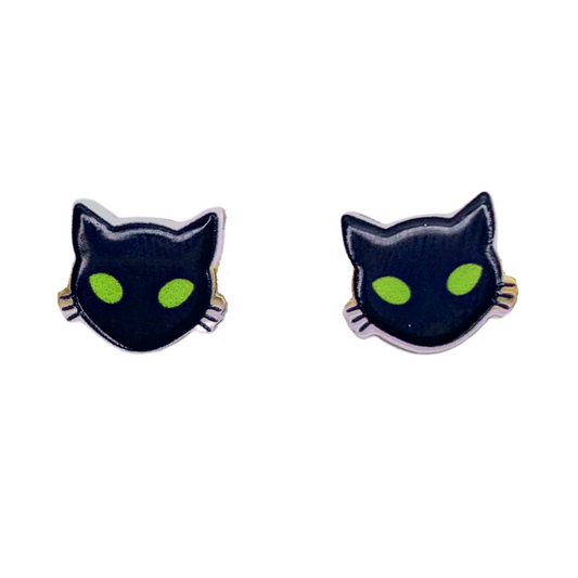spooky black cat with whiskers and green eyes stud earrings halloween