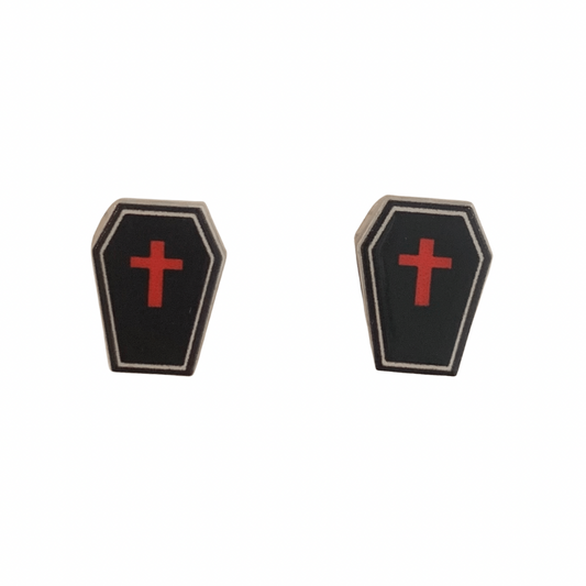spooky coffin stud earrings black coffins with red crosses on top halloween spooky death