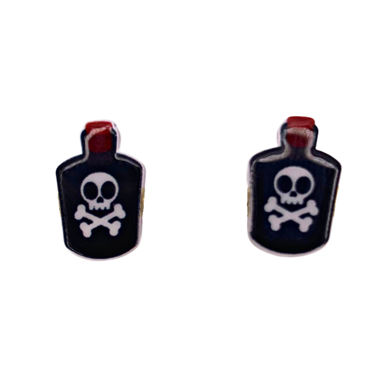 spooky poison bottle stud earrings black bottles with red tops and a white skull and cross bones on the bottle