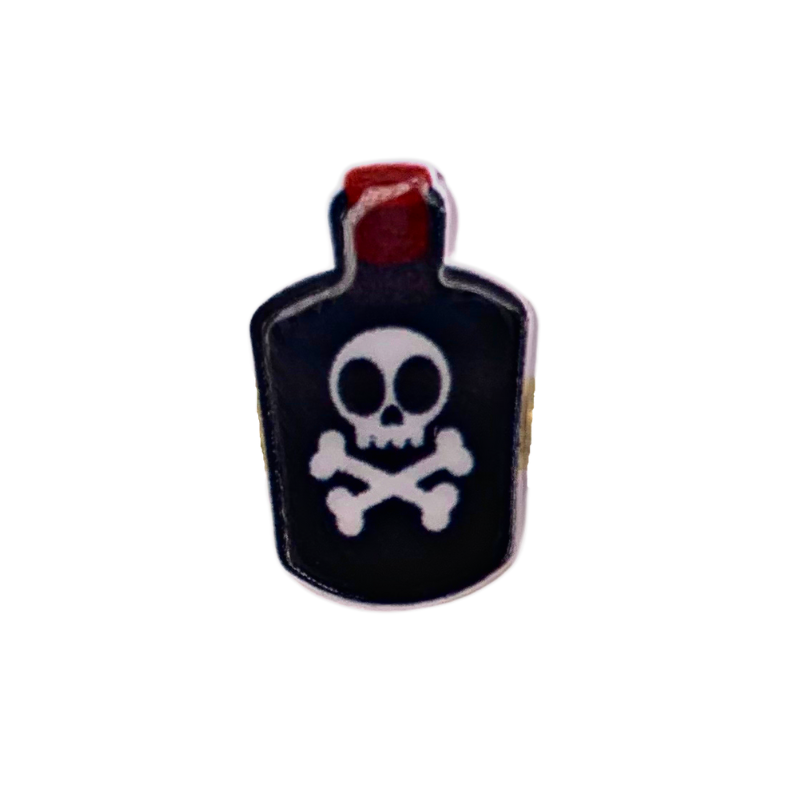 spooky poison bottle stud earrings black bottles with red tops and a white skull and cross bones on the bottle close up of one